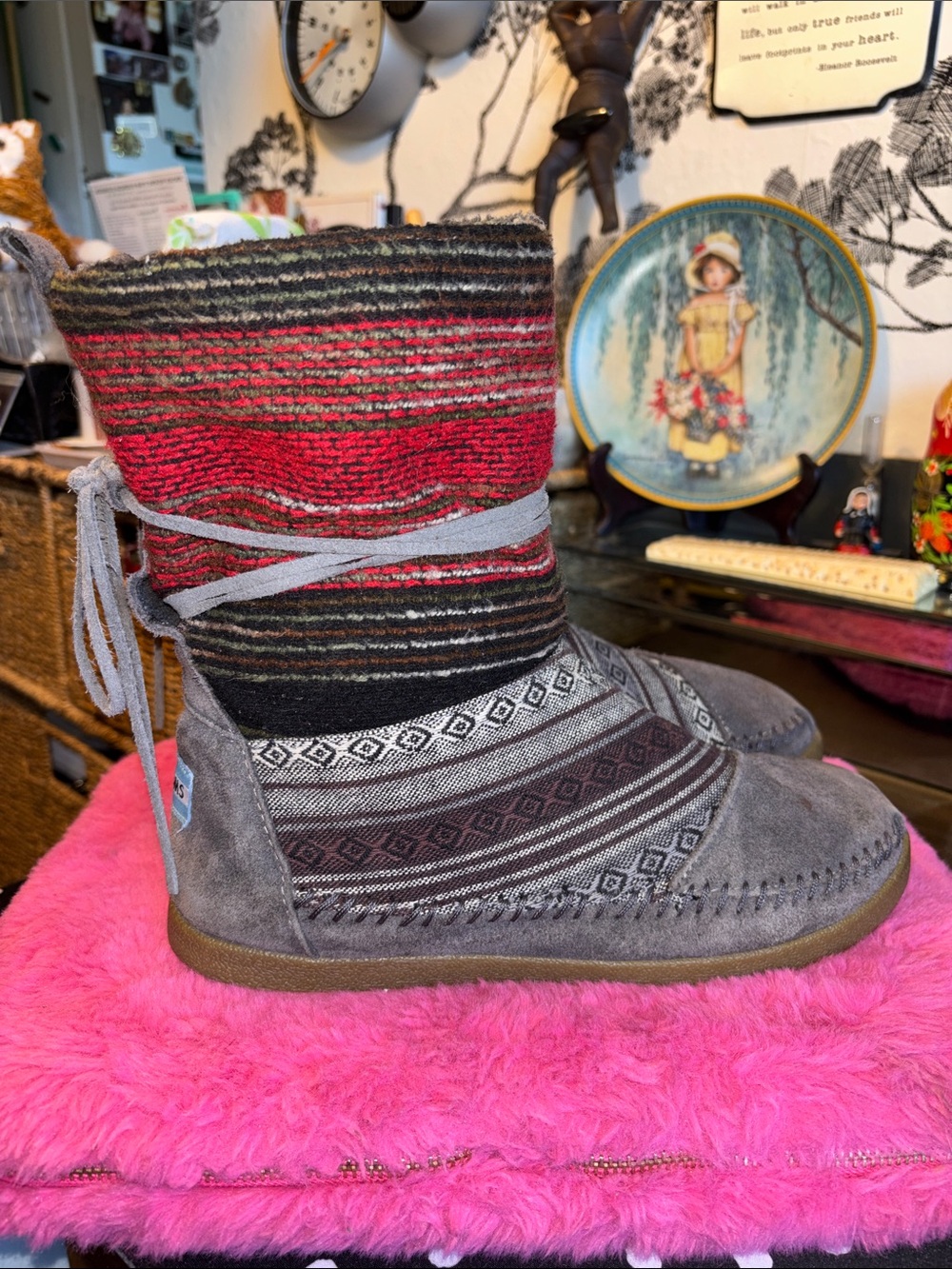 EUC TOMS Women's Nepal Boots in a gray suede and multicolor woven textil